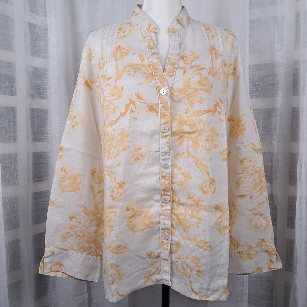 Vintage Rafaella 14 100% Linen Blouse Cream Yellow Floral Button Front Pintuck - Picture 2 of 8